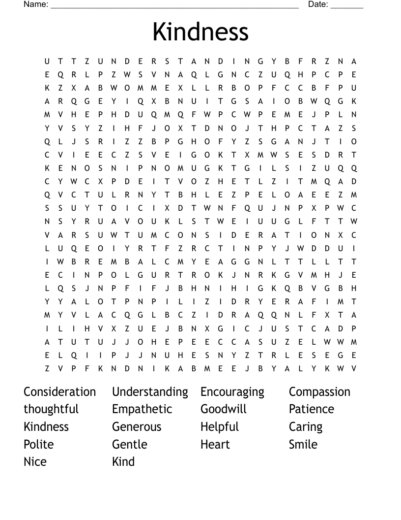 Kindness Word Search - Wordmint inside Kindness Word Search Printable