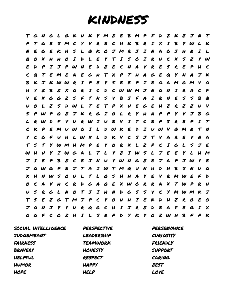 Kindness Word Search - Wordmint regarding Kindness Word Search Printable