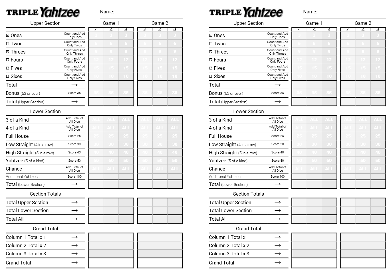 Kingofmycastle | Triple Yahtzee Printable Html Score Sheets with Free Printable Triple Yahtzee Score Sheets