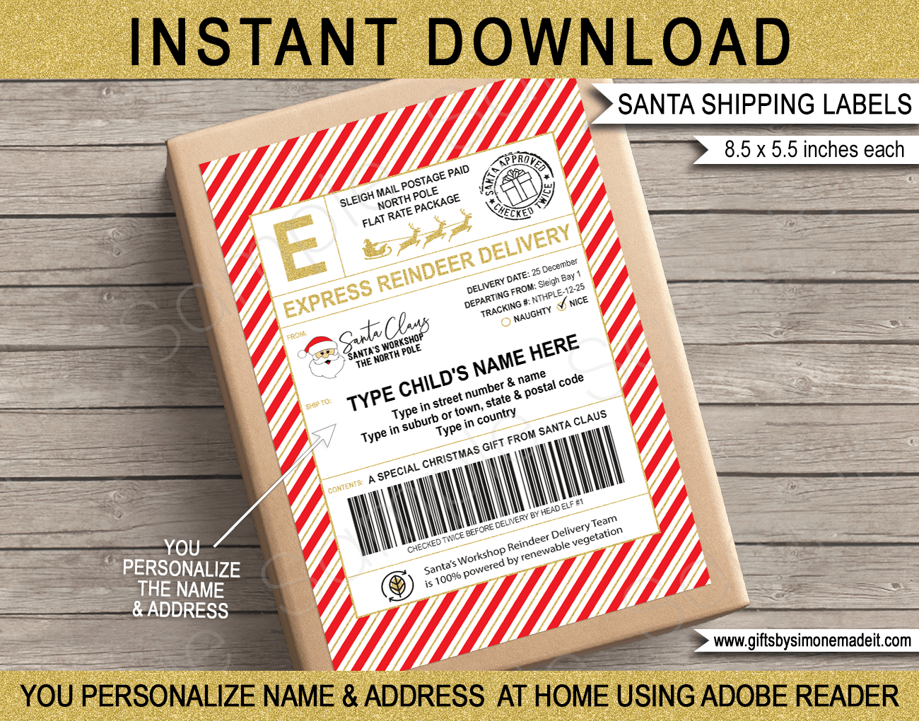 Large Santa Mail Shipping Labels (Usps Style) - Red &amp;amp; Gold in Free Printable Santa Shipping Label