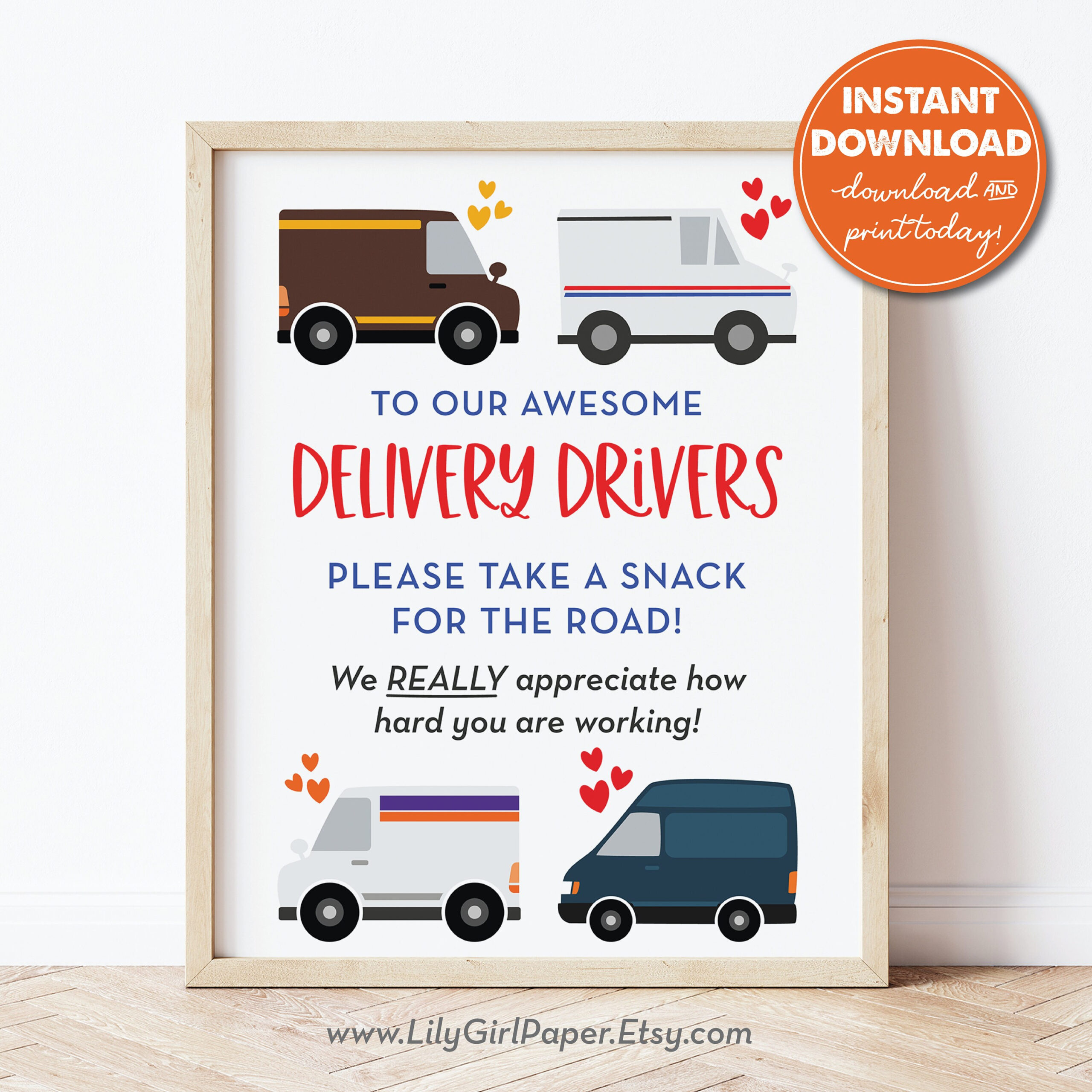 Lieferung Fahrer Snack Zeichen, Briefträger, Pakete, Essential for Delivery Driver Snack Sign Free Printable