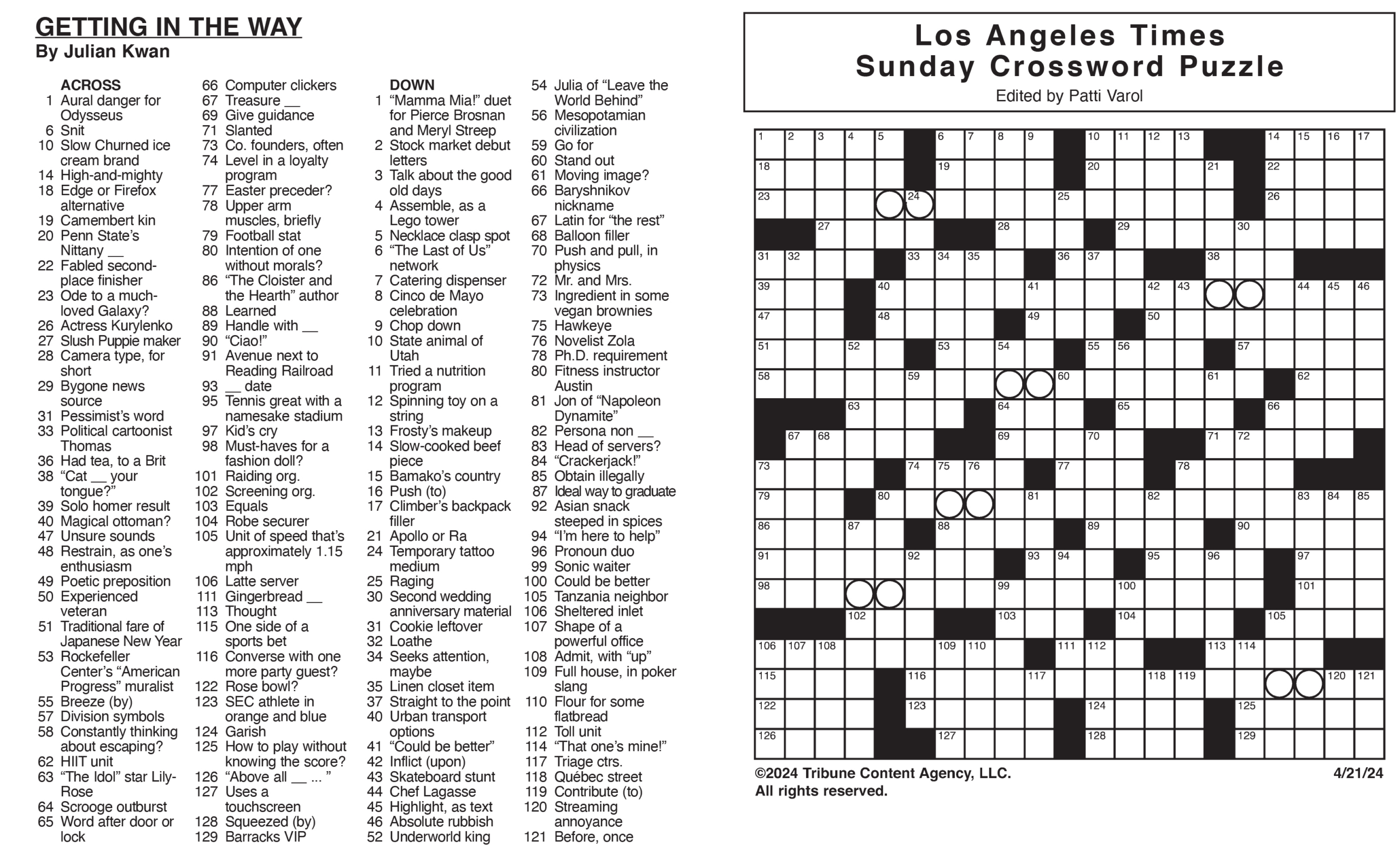 Los Angeles Times Sunday Crossword Puzzle | Tribune Content in La Times Crossword Printable