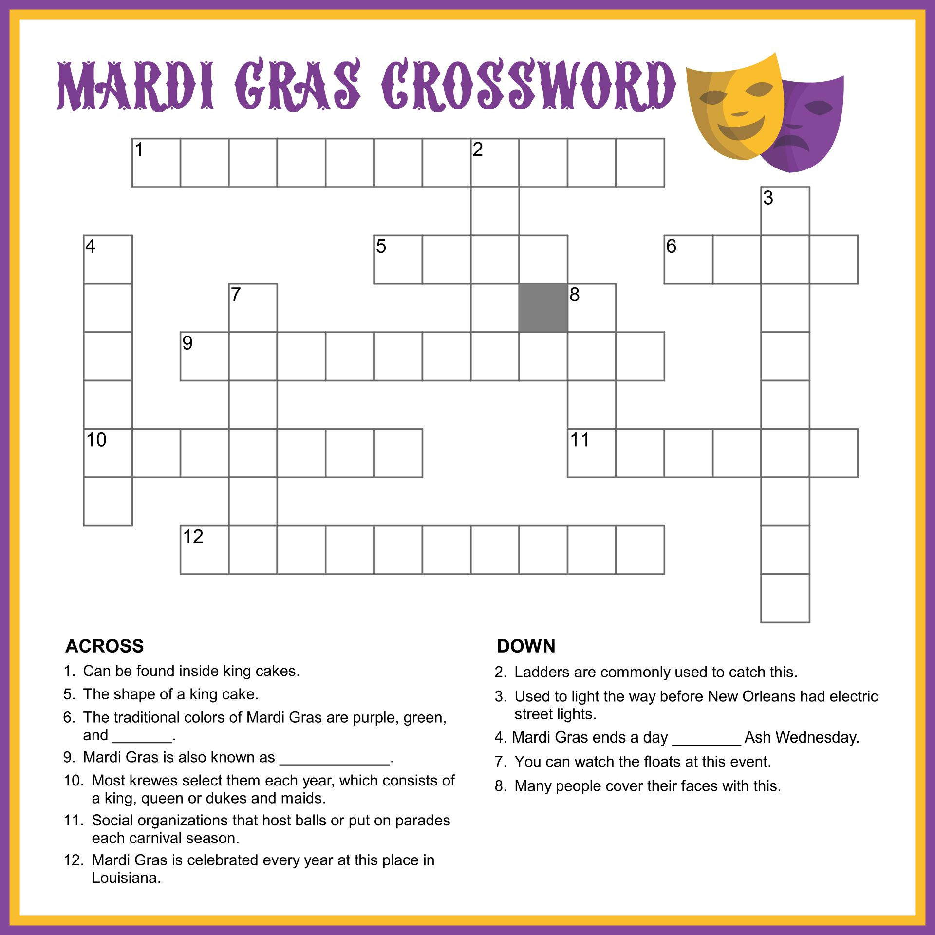 Mardi Gras Crossword - 14 Free Pdf Printables | Printablee within Mardi Gras Crossword Puzzle Printable