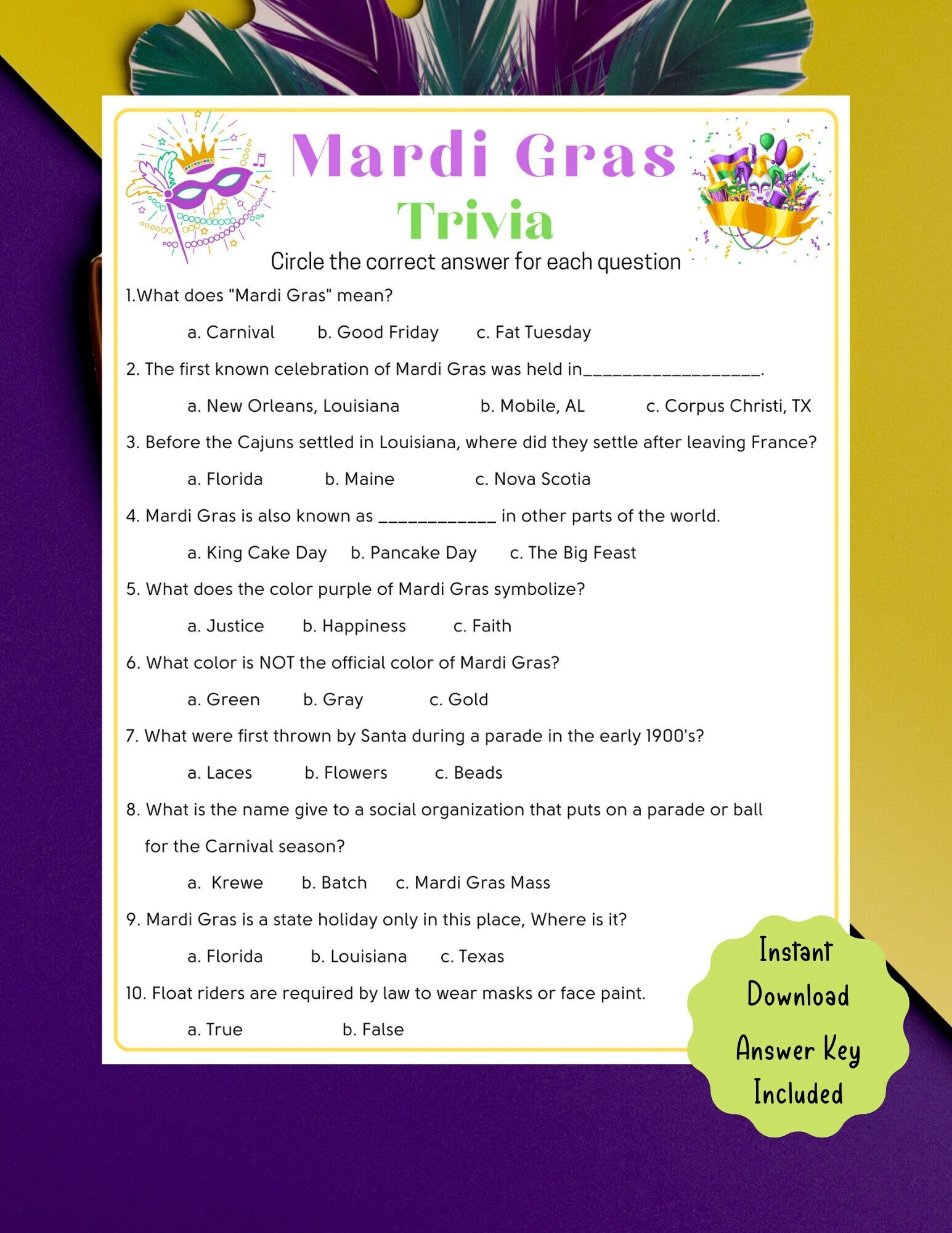 Mardi Gras Trivia Game | Mardi Gras Printable Game For Kids pertaining to Free Printable Mardi Gras Trivia Questions And Answers