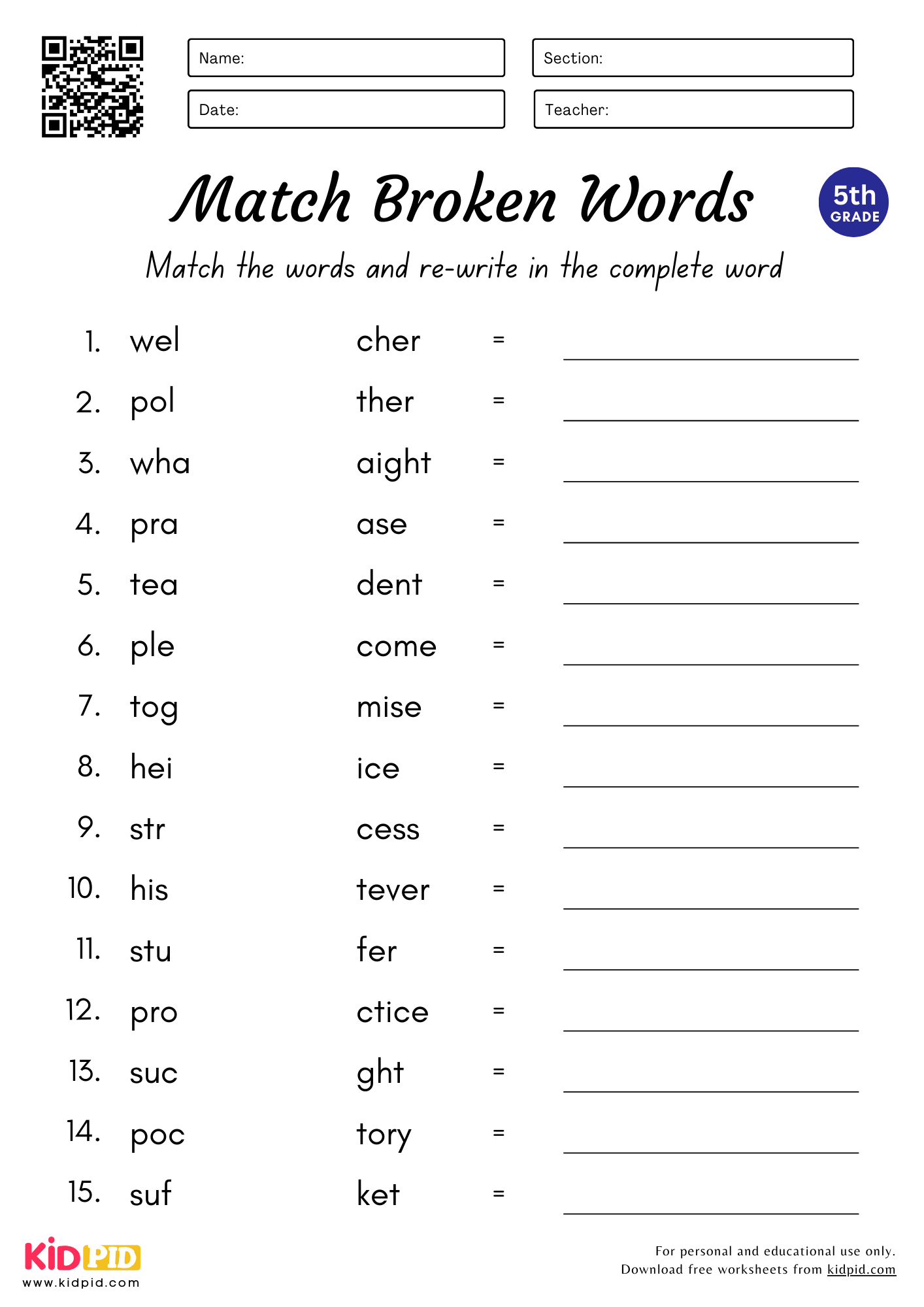 Match &amp;amp; Complete The Words Worksheet For Grade 5 - Kidpid regarding Vocabulary Printable Worksheets Grade 5