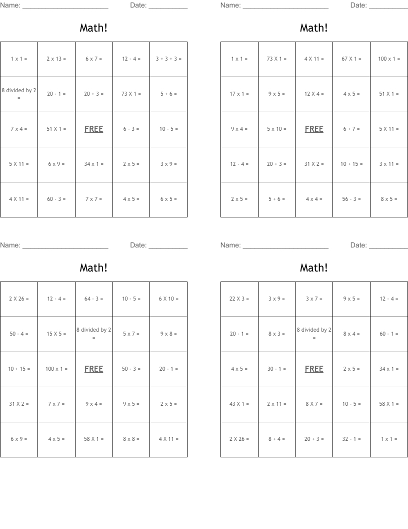 Math! Bingo Cards - Wordmint within Math Bingo Card Maker
