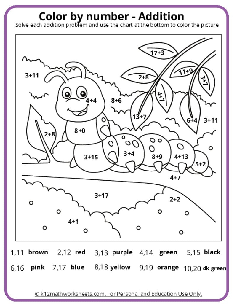 Math Coloring Pages | Printable Pdfsk12Mathworksheets inside Color By Addition Worksheet Printable