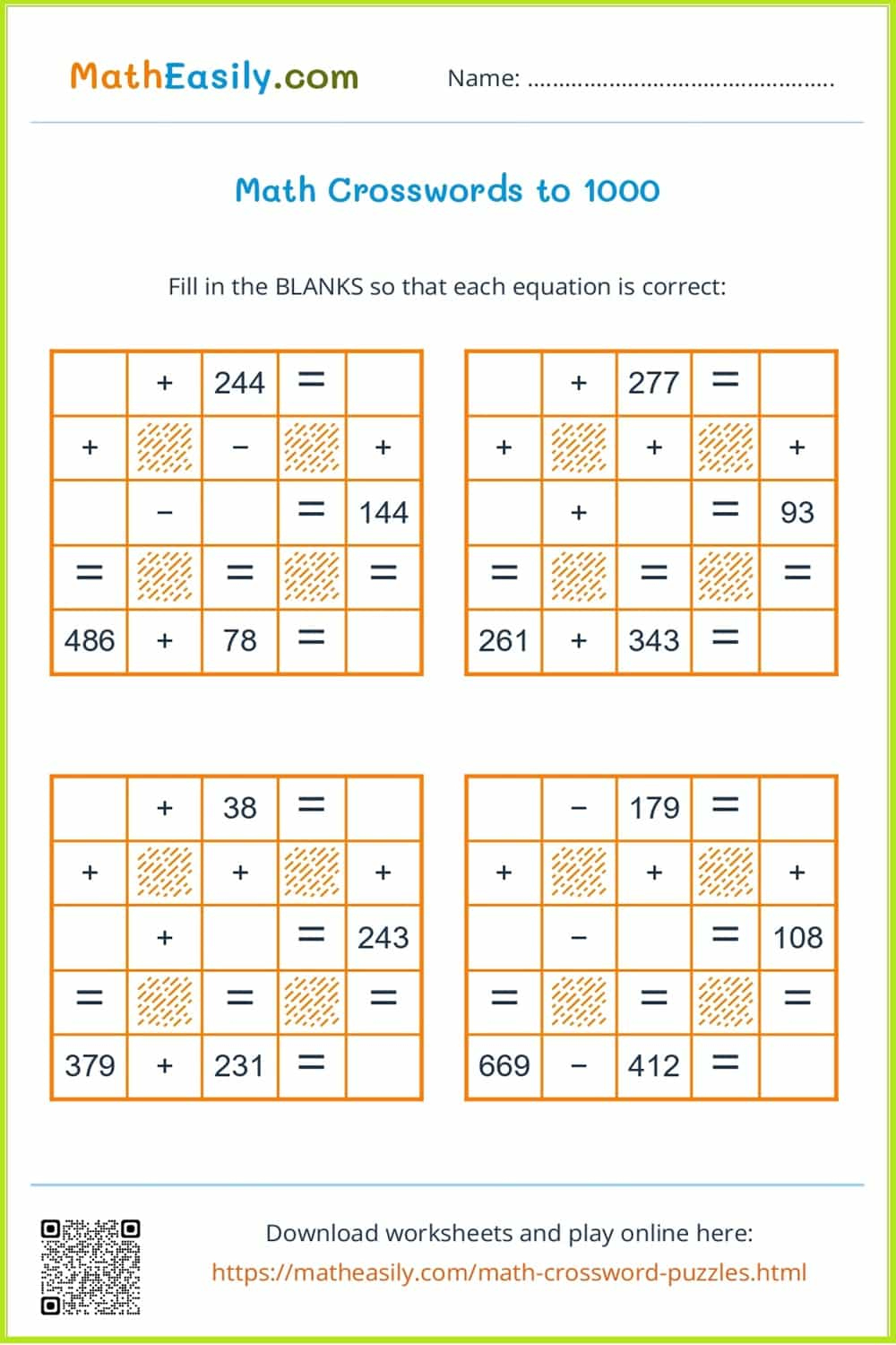 Math Crosswords Online + Printable throughout Printable Math Crosswords