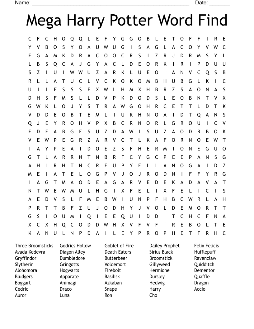 Mega Harry Potter Word Find Word Search - Wordmint pertaining to Harry Potter Word Search Free Printable
