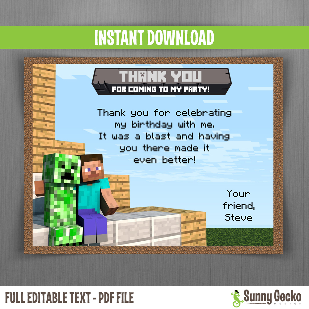 Minecraft Birthday Thank You Cards regarding Free Printable Minecraft Thank You Tags