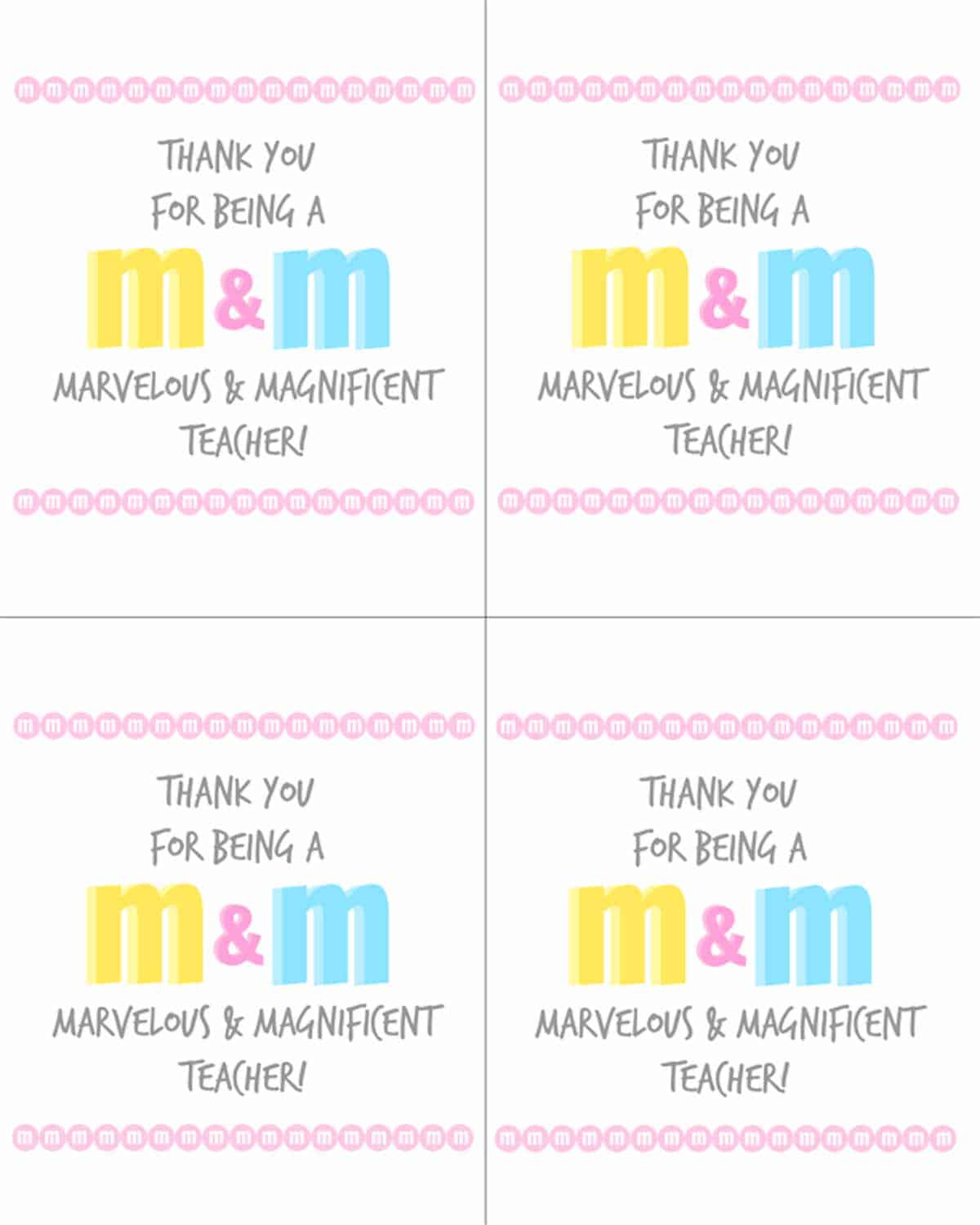 M&amp;amp;Ms Free Printable Teacher Gift Ideau Create | Skip To My Lou intended for M M Thank You Printable Free