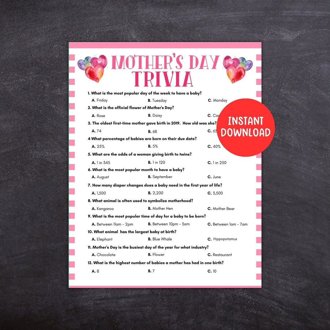 Mothers Day Trivia Game, Printable Mothers Day Game, Trivia Game regarding Mother&amp;#039;S Day Trivia Questions And Answers Printable