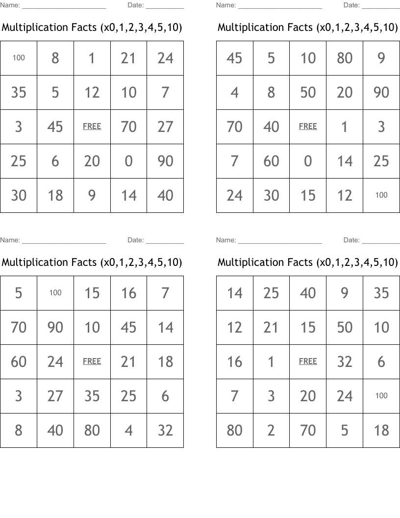 Multiplication Facts (X0,1,2,3,4,5,10) Bingo Cards - Wordmint for Printable Multiplication Bingo Calling Cards