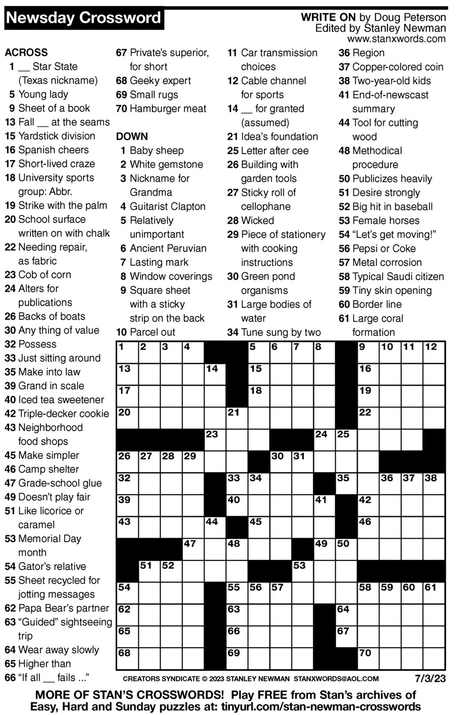 Newsday Crossword Puzzle For Jul 03, 2023,Stanley Newman intended for Newsday Crossword Today Printable