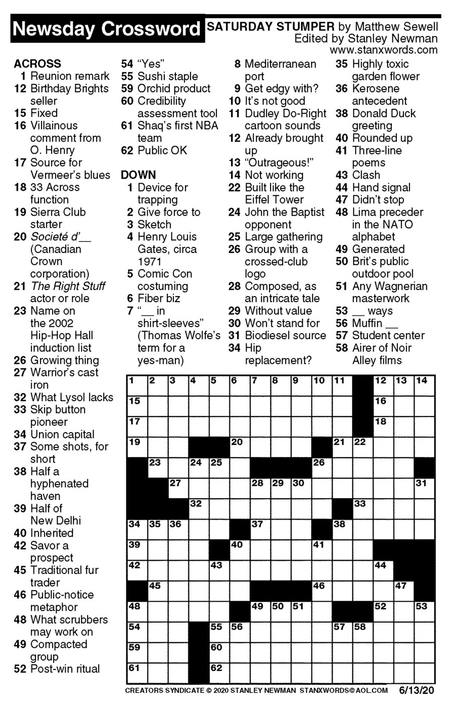 Newsday Crossword Puzzle For Jun 13, 2020,Stanley Newman with regard to Stanley Newman Printable Crossword Puzzles