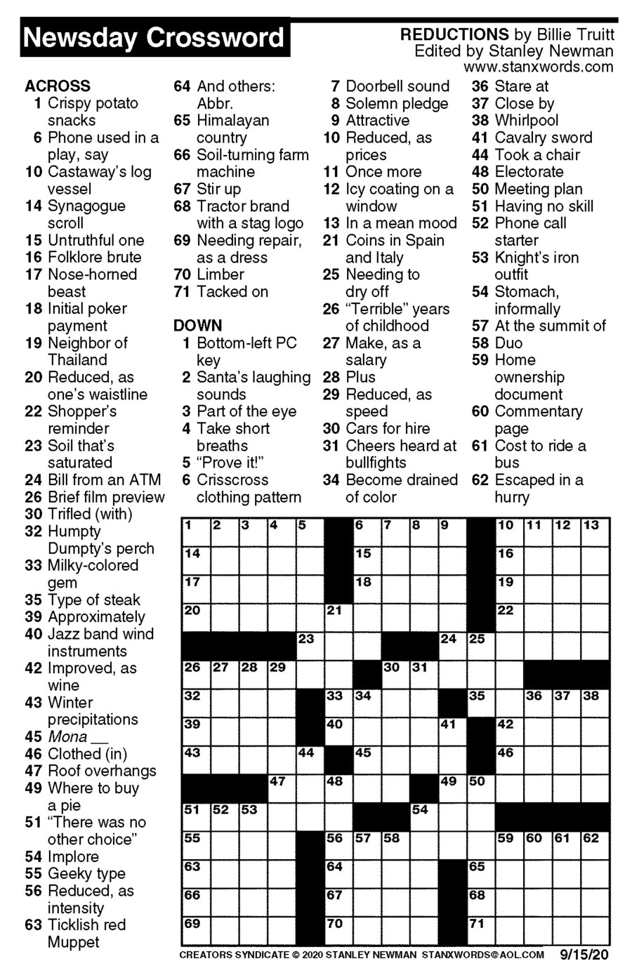 Newsday Crossword Puzzle For Sep 15, 2020,Stanley Newman for Newsday Crossword Puzzle Printable