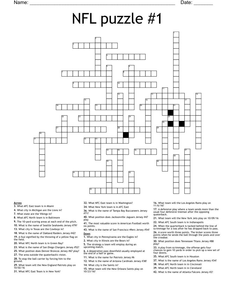 Nfl Puzzle #1 Crossword - Wordmint for Football Crossword Puzzle Printable