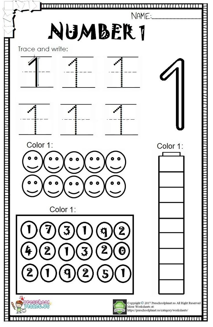 Number 1 Worksheet For Kids with Preschool Numbers Worksheet Printable
