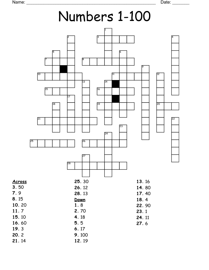 Numbers 1-100 Crossword - Wordmint within Printable Number Crosswords