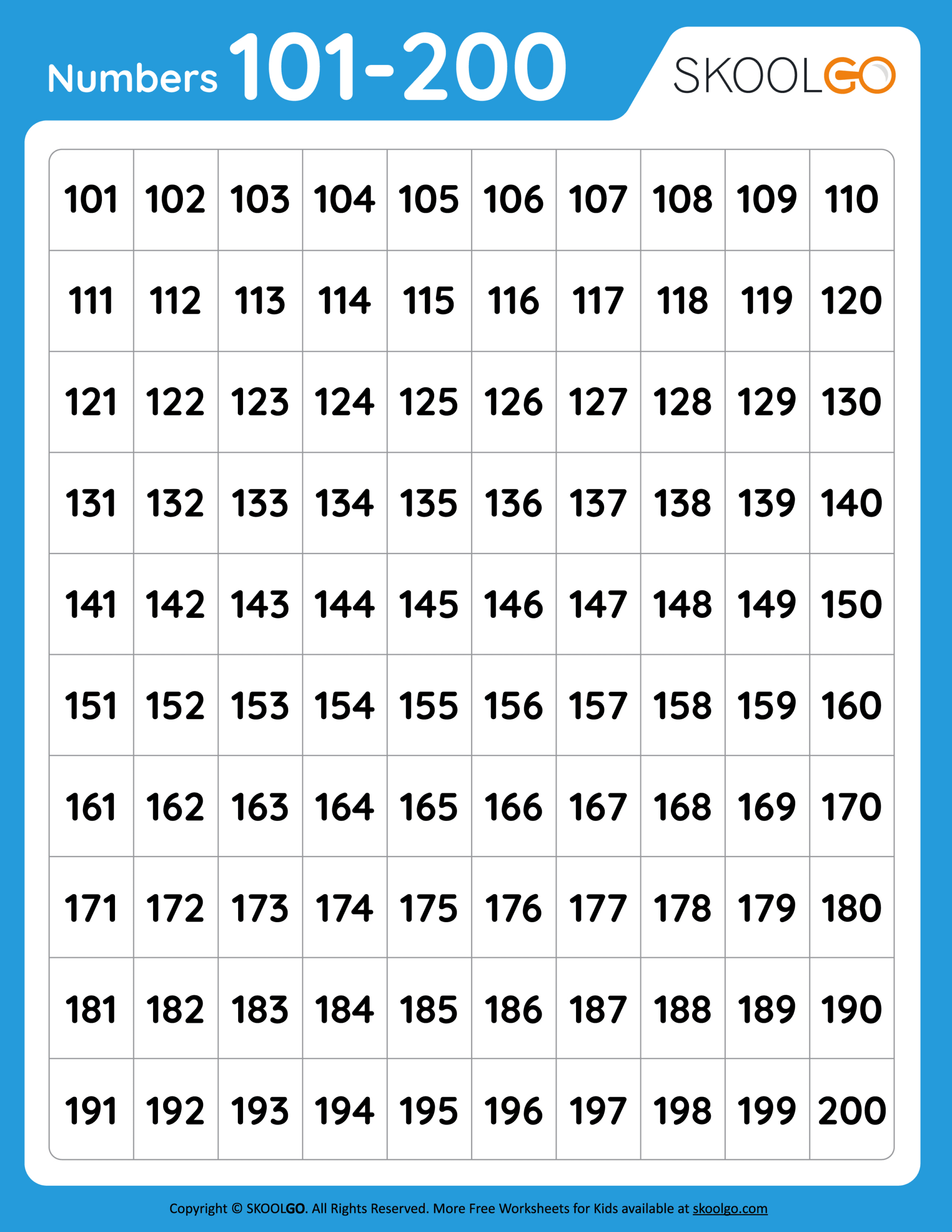 Numbers 101 To 200 - Free Worksheet For Kids - Skoolgo intended for Printable Free 101 200 Chart Printable