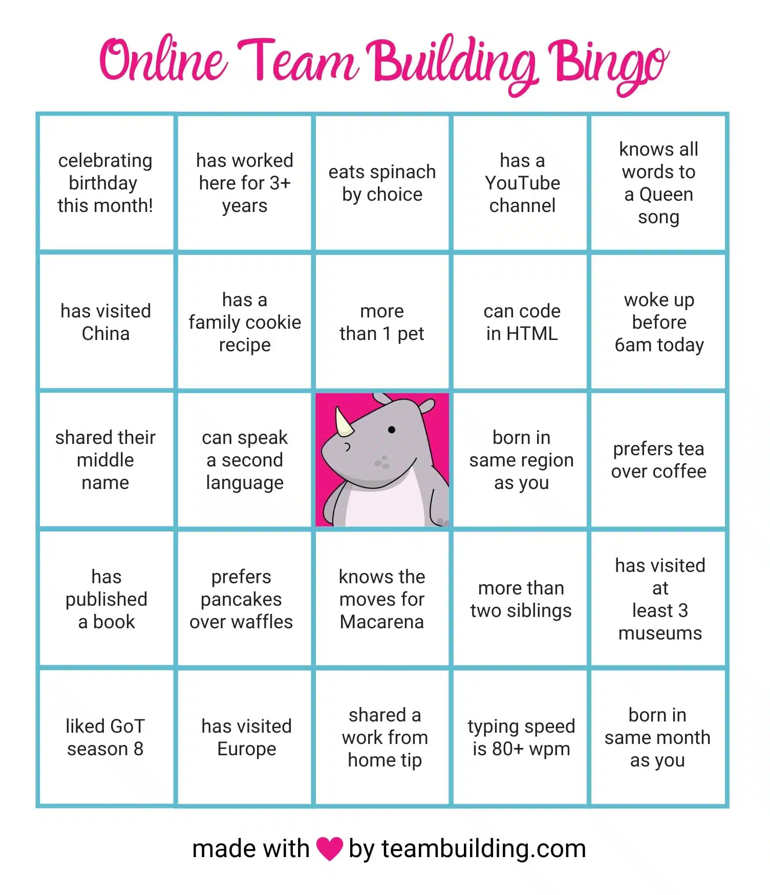 Online Team Building Bingo: Rules &amp;amp; Free Game Board inside Icebreaker Bingo Card Generator