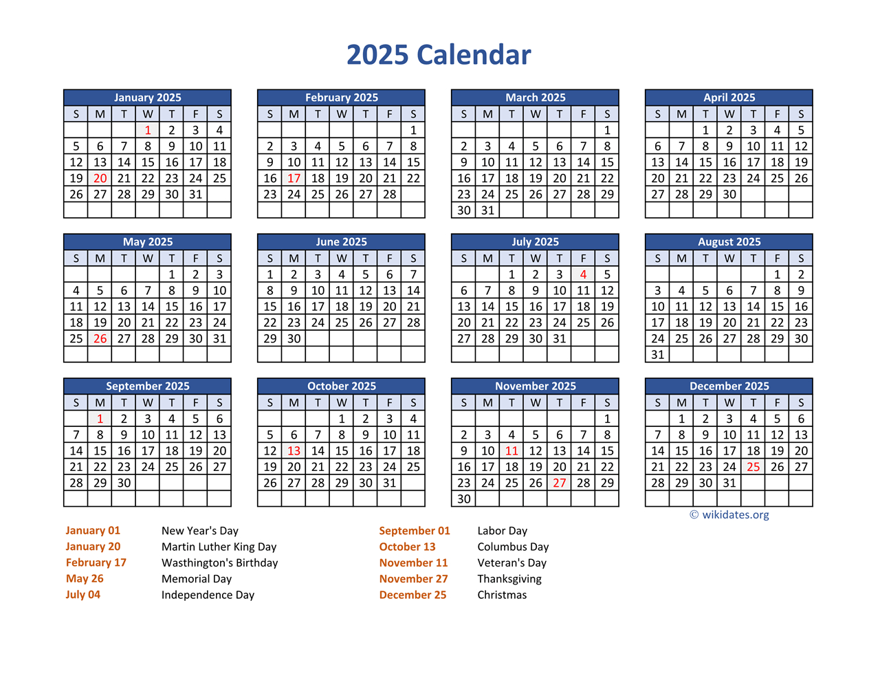 Pdf Calendar 2025 With Federal Holidays | Wikidates for Free Printable 2025 Calendar With Federal Holidays