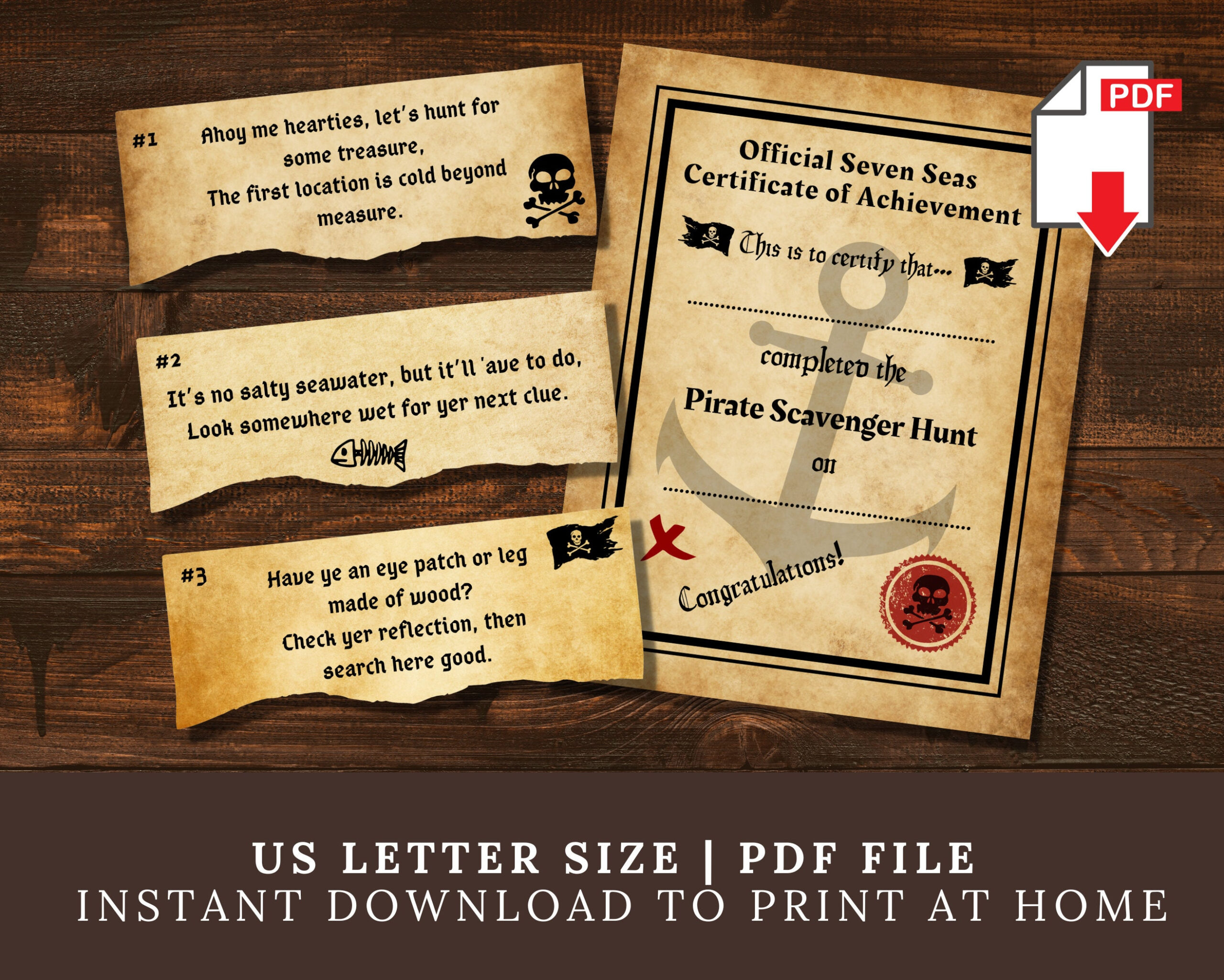 Pirate Scavenger Hunt Clues (Printable), Pirate Party Game For within Printable Pirate Treasure Hunt Clues