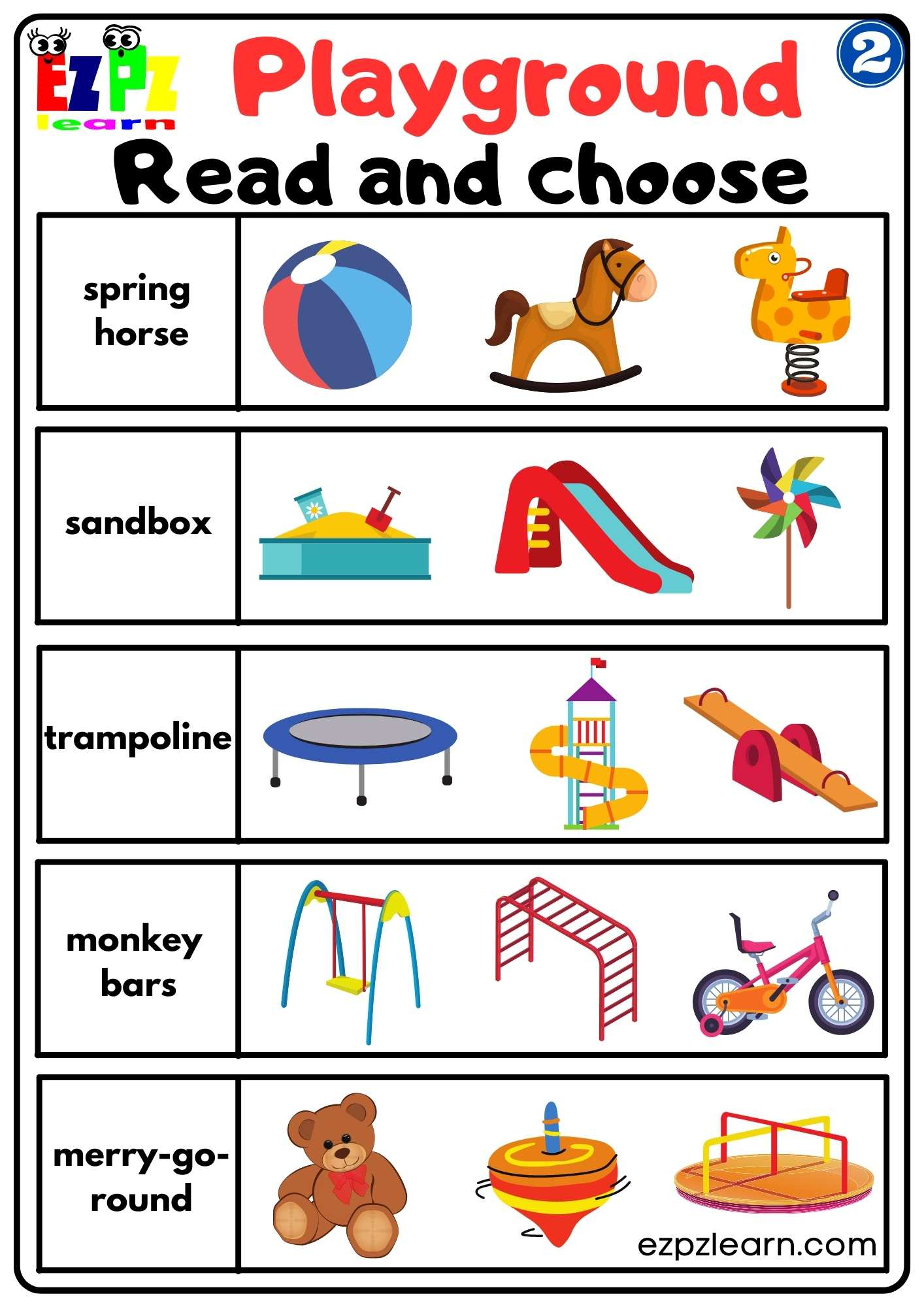 Playground Vocabulary 2 Read And Choose Worksheet For Kindergarten within Vocabulary Printable Worksheets For Kids