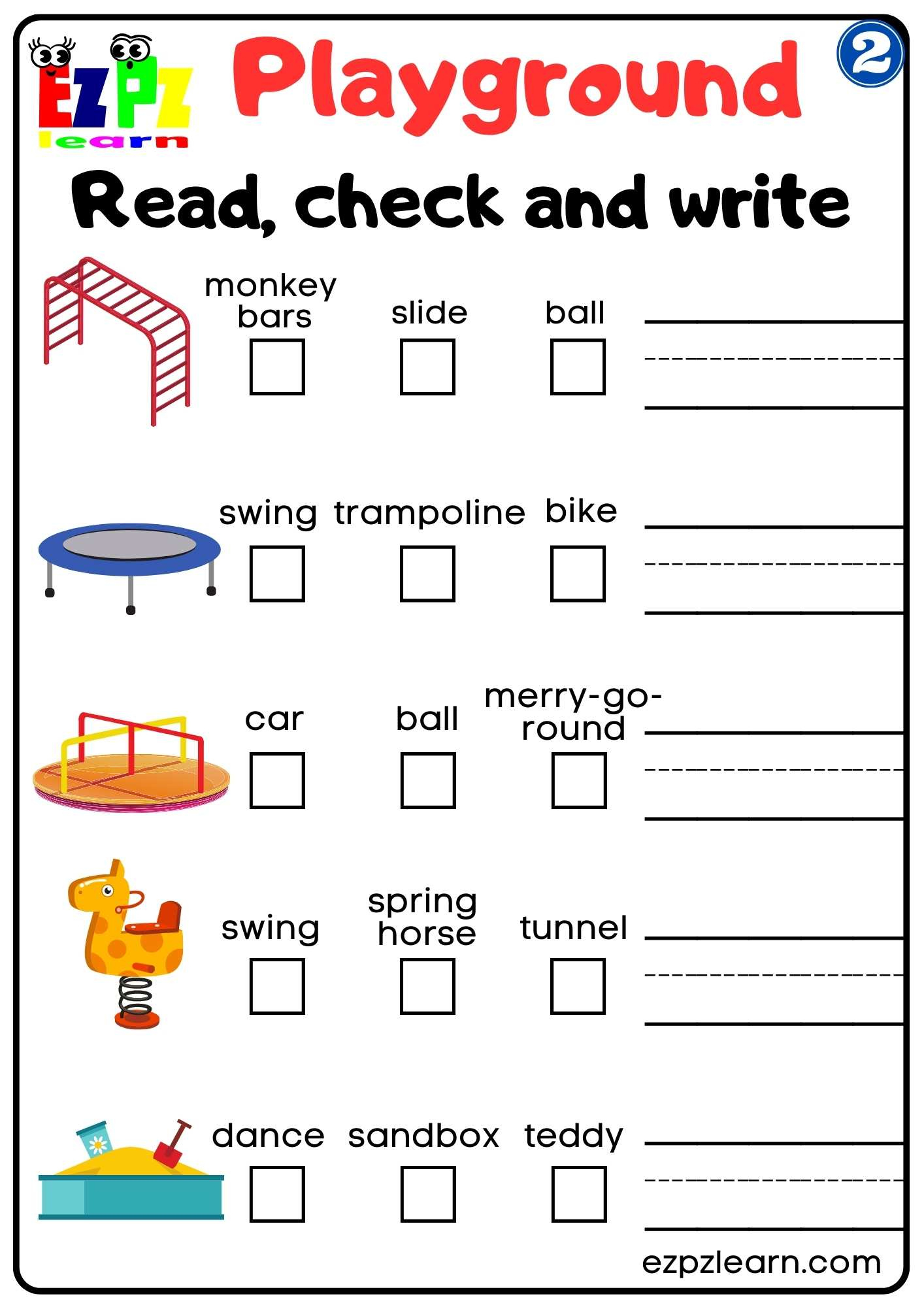 Playground Vocabulary 2 Read Check And Write Worksheet For with Vocabulary Printable Worksheets For Kids