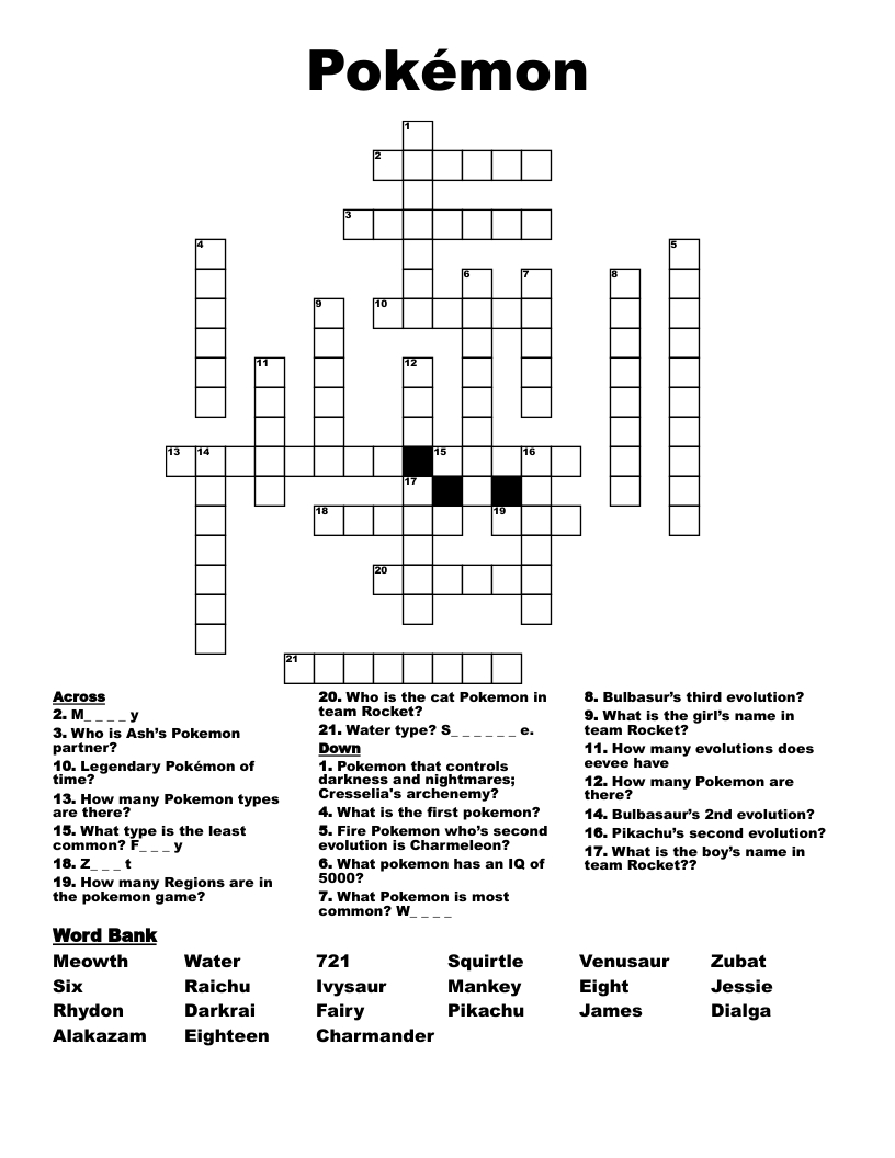 Pokémon Crossword - Wordmint for Pokemon Crossword Puzzle Printable