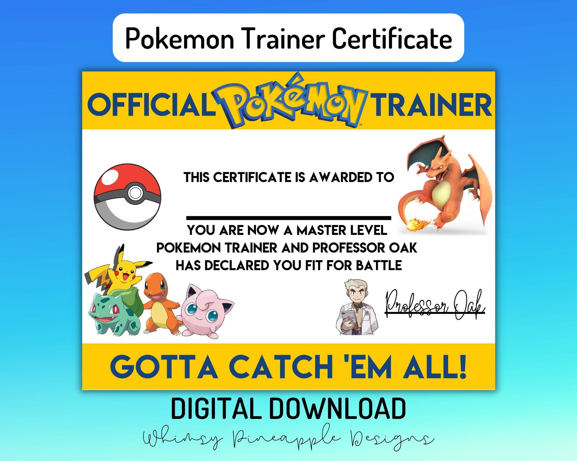 Pokemone Official Trainer Certificate, Instant Download, Pockemon intended for Pokemon Trainer Certificate Free Printable