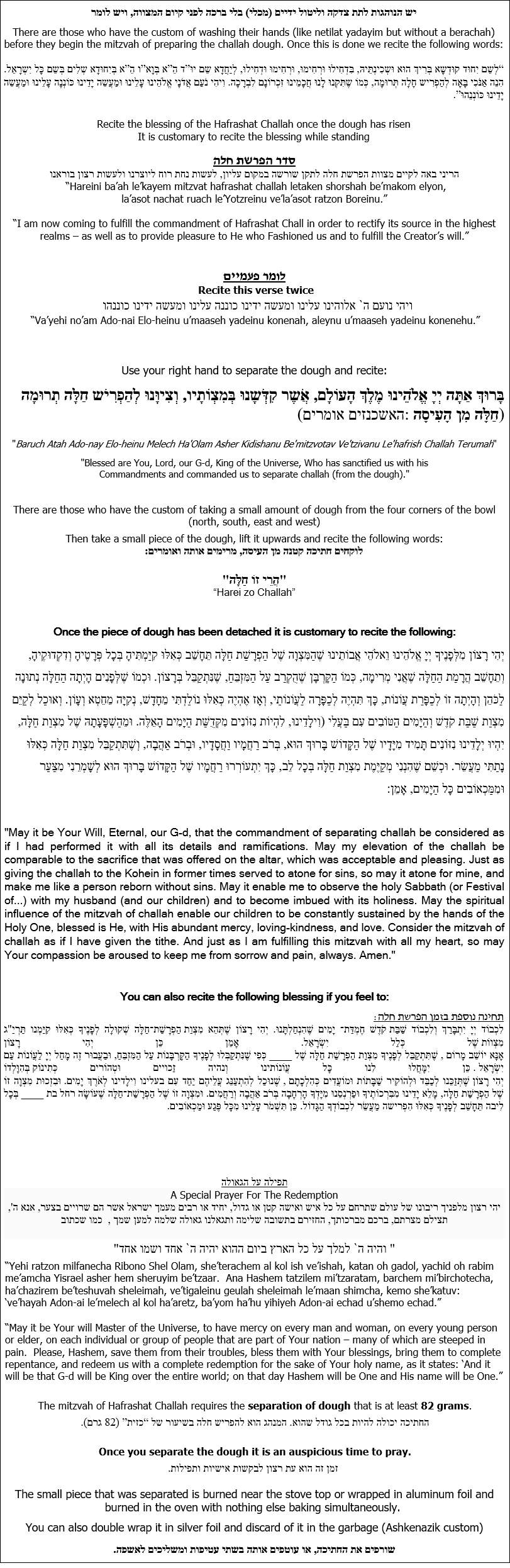 Prayers For Hafrashat Challah – Ohel Sara throughout Printable Hafrashas Challah Bracha
