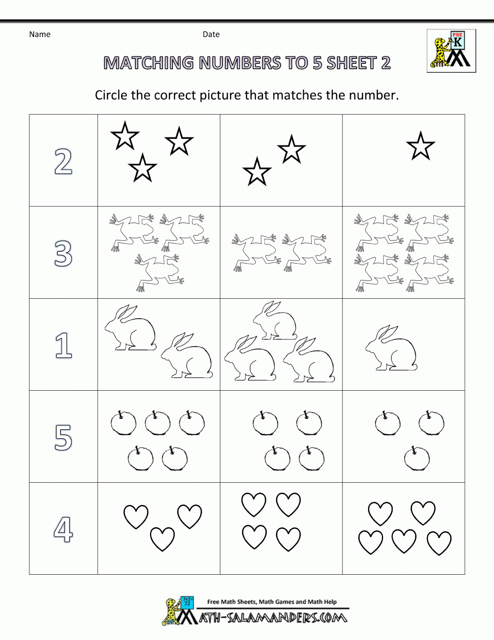 Preschool Math Worksheets - Matching To 5 with regard to Free Printable Worksheets K 5