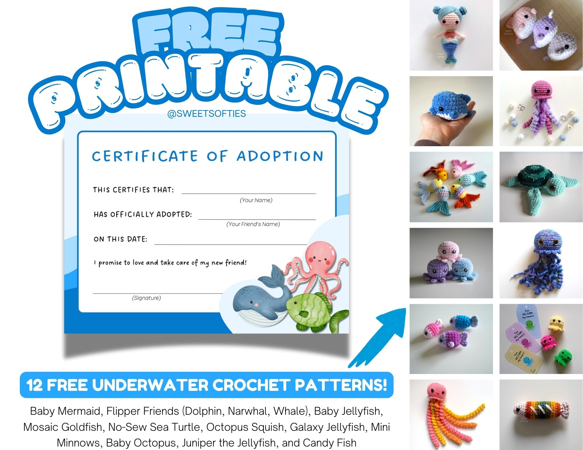Printable Amigurumi Adoption Certificate + Free Crochet Sea Animal inside Stuffed Animal Adoption Certificate Free Printable
