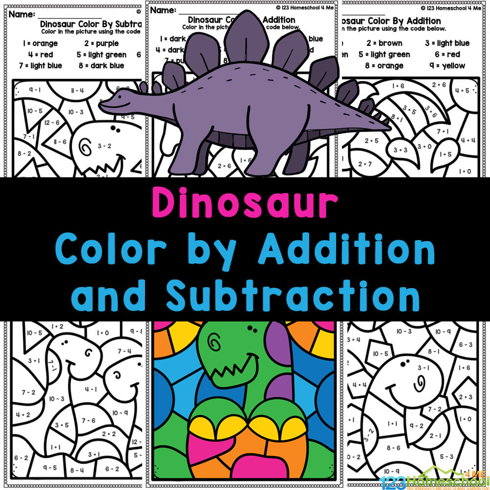 Printable Dinosaur Coloraddition And Subtraction Worksheets for Dinosaur Subtract And Match Worksheet
