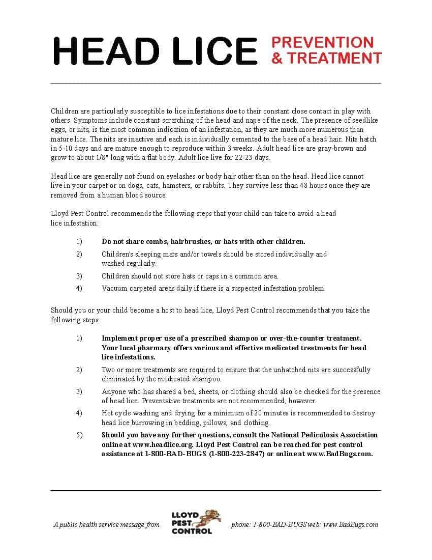 Printable: Head Lice Prevention And Treatment - Lloyd Pest Control for Printable Head Lice Notice to Parents