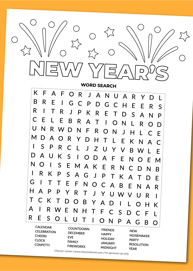 Printable New Year&amp;#039;S Word Search - Chevron Lemon in Free Printable New Years Word Search