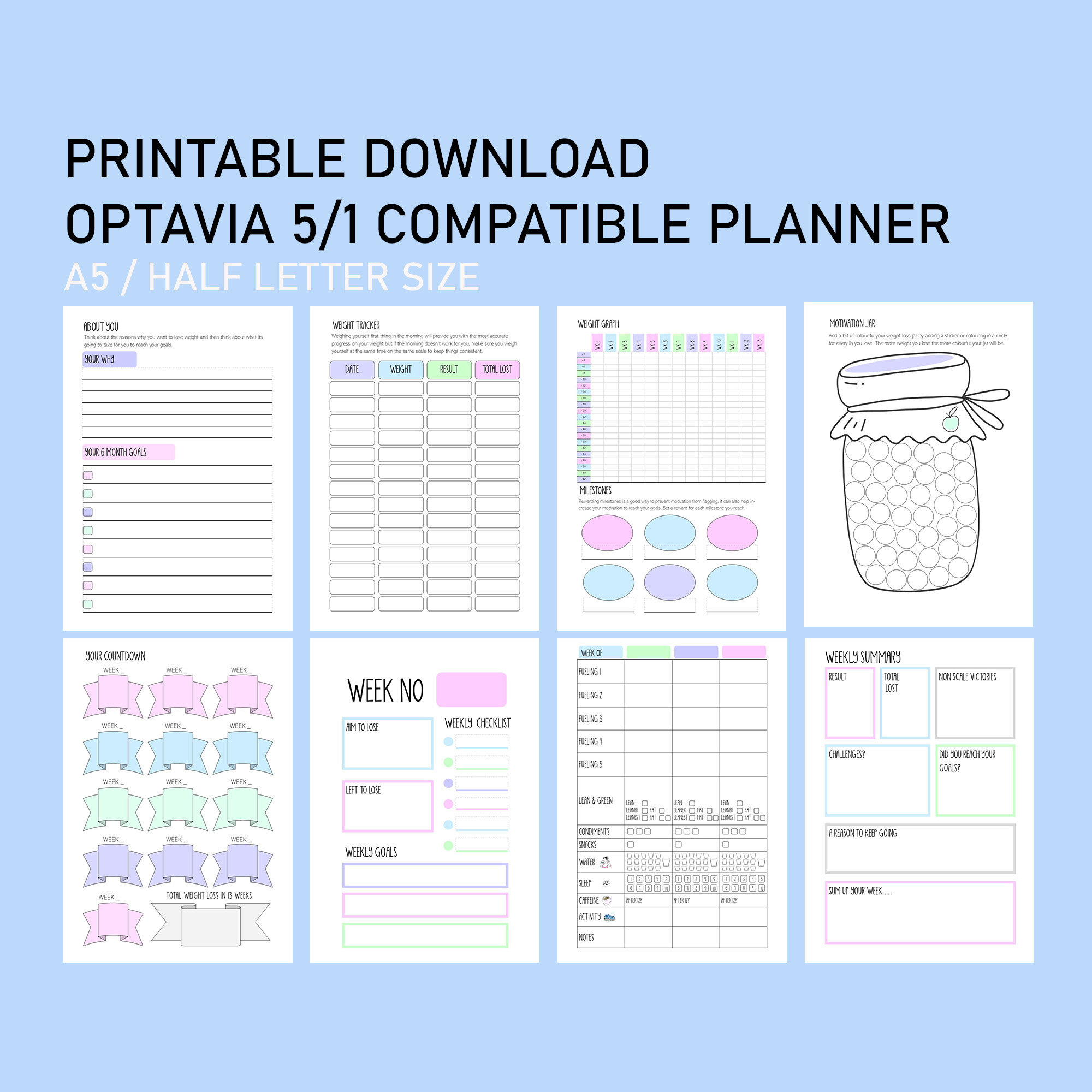 Printable Optavia 5-1 Food Diary / Weight Loss Journal / Digital inside Printable Optavia Tracking Sheets Free