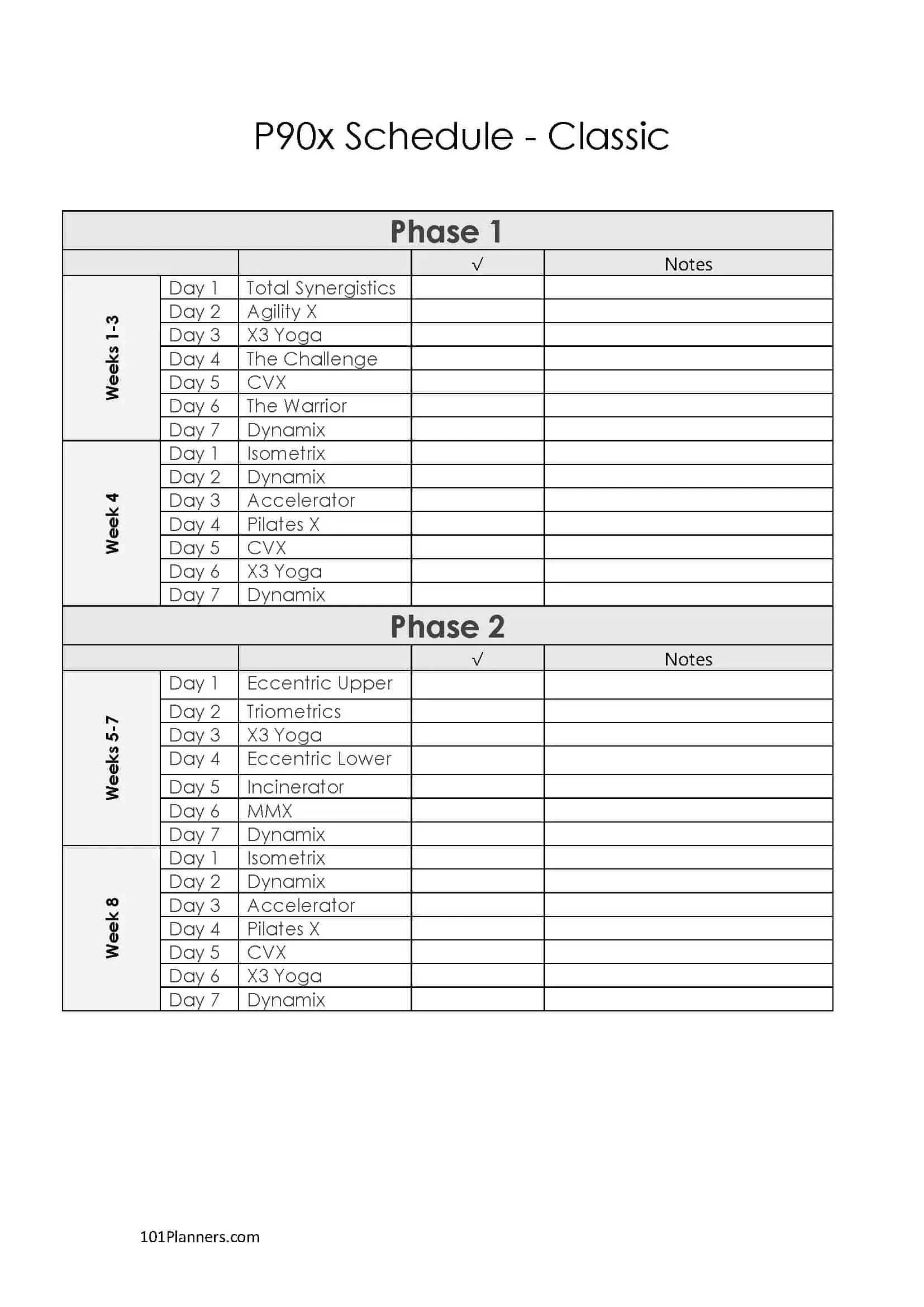 Printable P90X Schedule For The Classic, Lean And Doubles pertaining to Free Printable P90X Workout Schedule