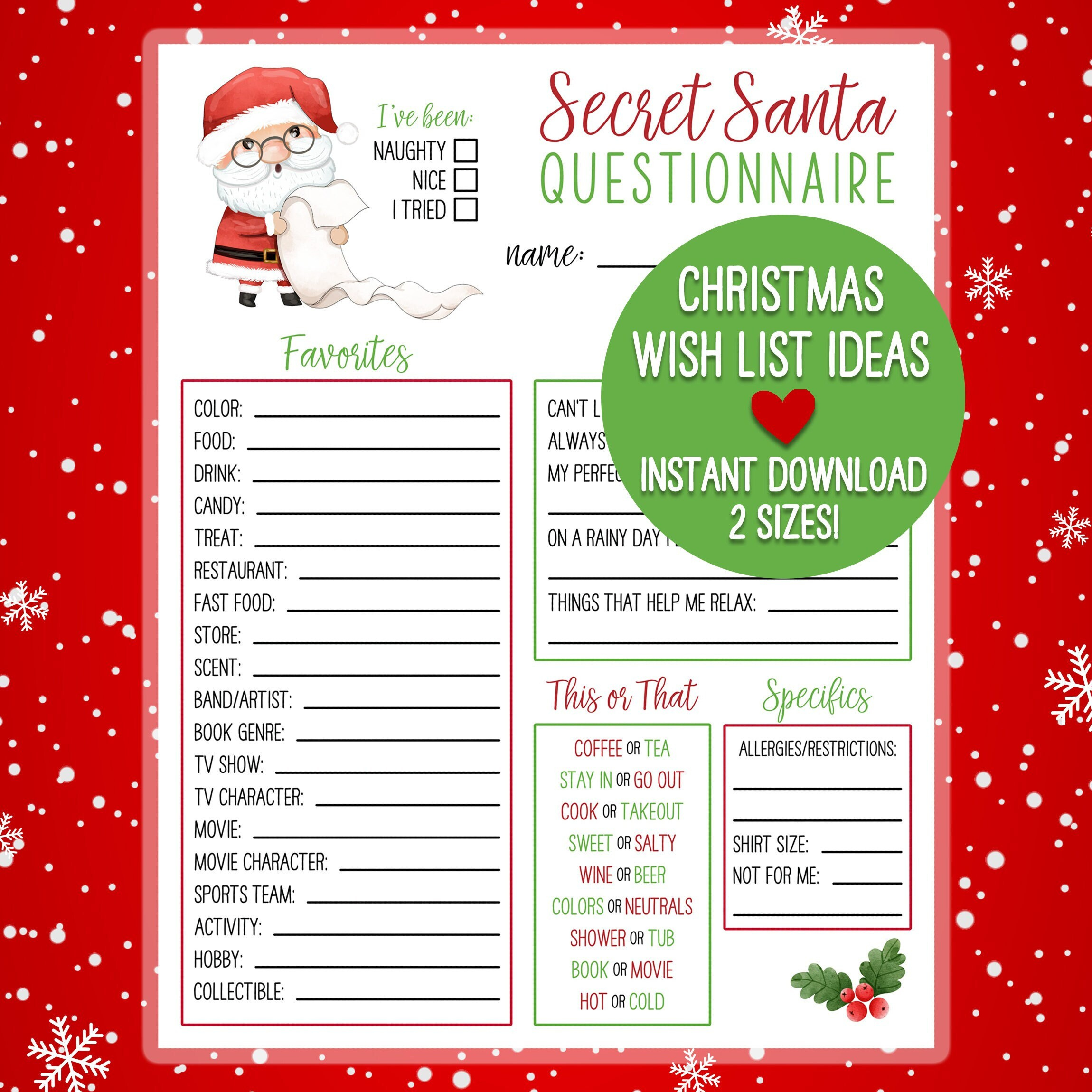 Printable Secret Santa Christmas Wish List | Holiday Gift Exchange throughout Free Printable Secret Santa Wishlist