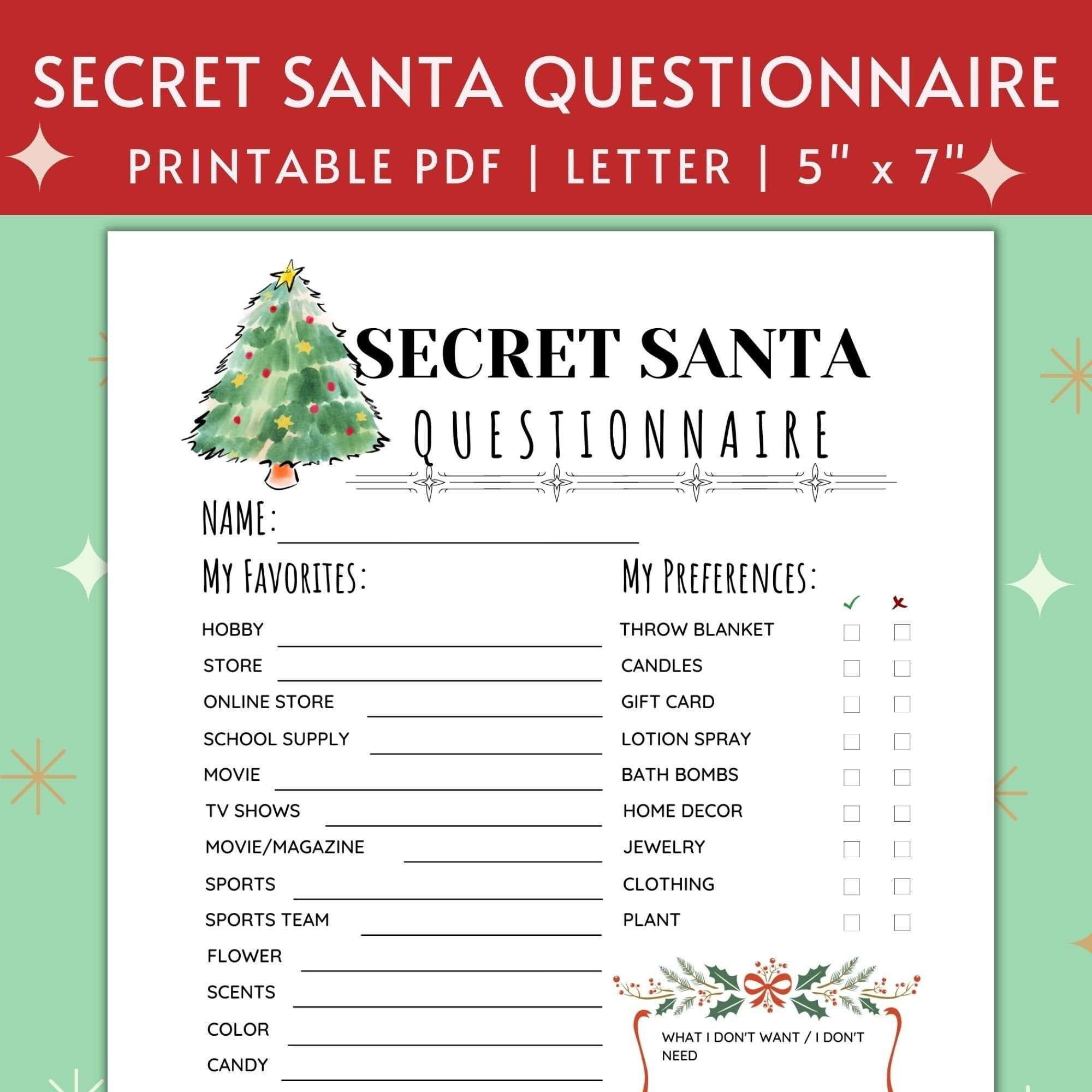 Printable Secret Santa Questionnaire For Christmas Gift Exchange with Free Printable Secret Santa Wishlist