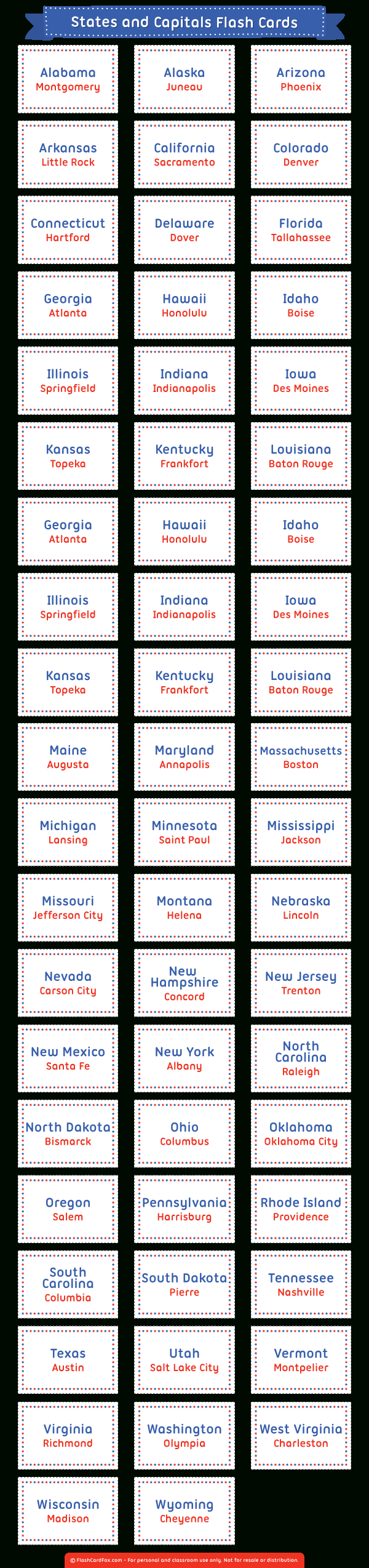 Printable States And Capitals Flash Cards for 50 States Flash Cards Printable