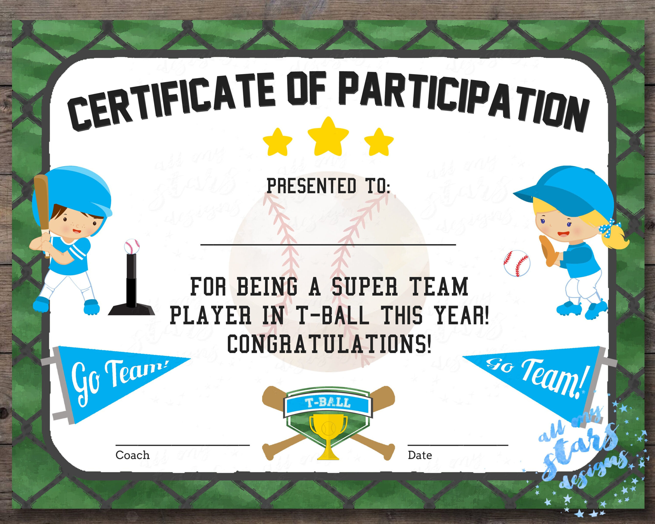 Printable T-Ball Participation Certificate | Sports Award with Tball Certificates Free Printable