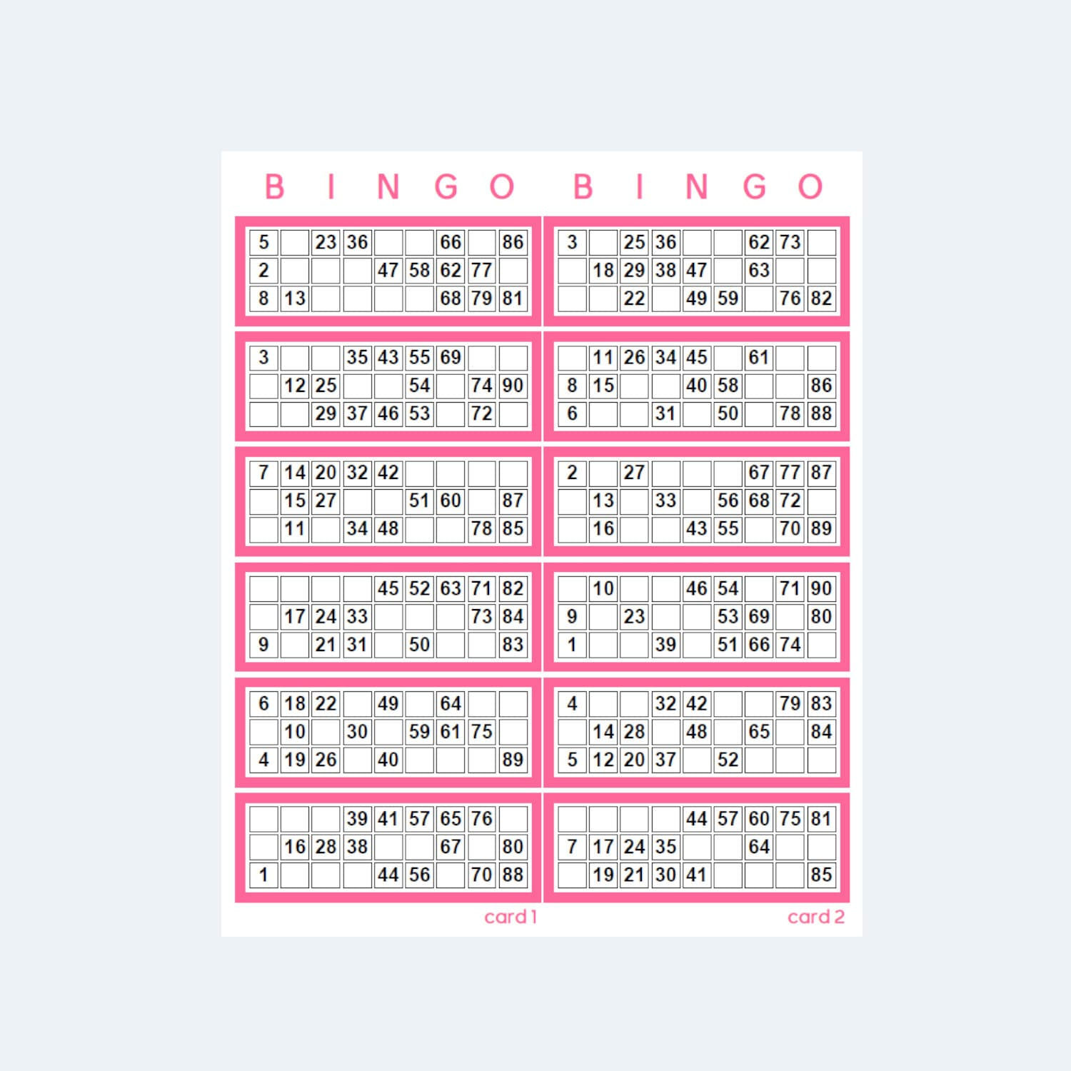 Printable Uk Style 1-90 Bingo Ticket Cards - 2 Per Page – 500 for Free Printable Bingo Cards 1 90