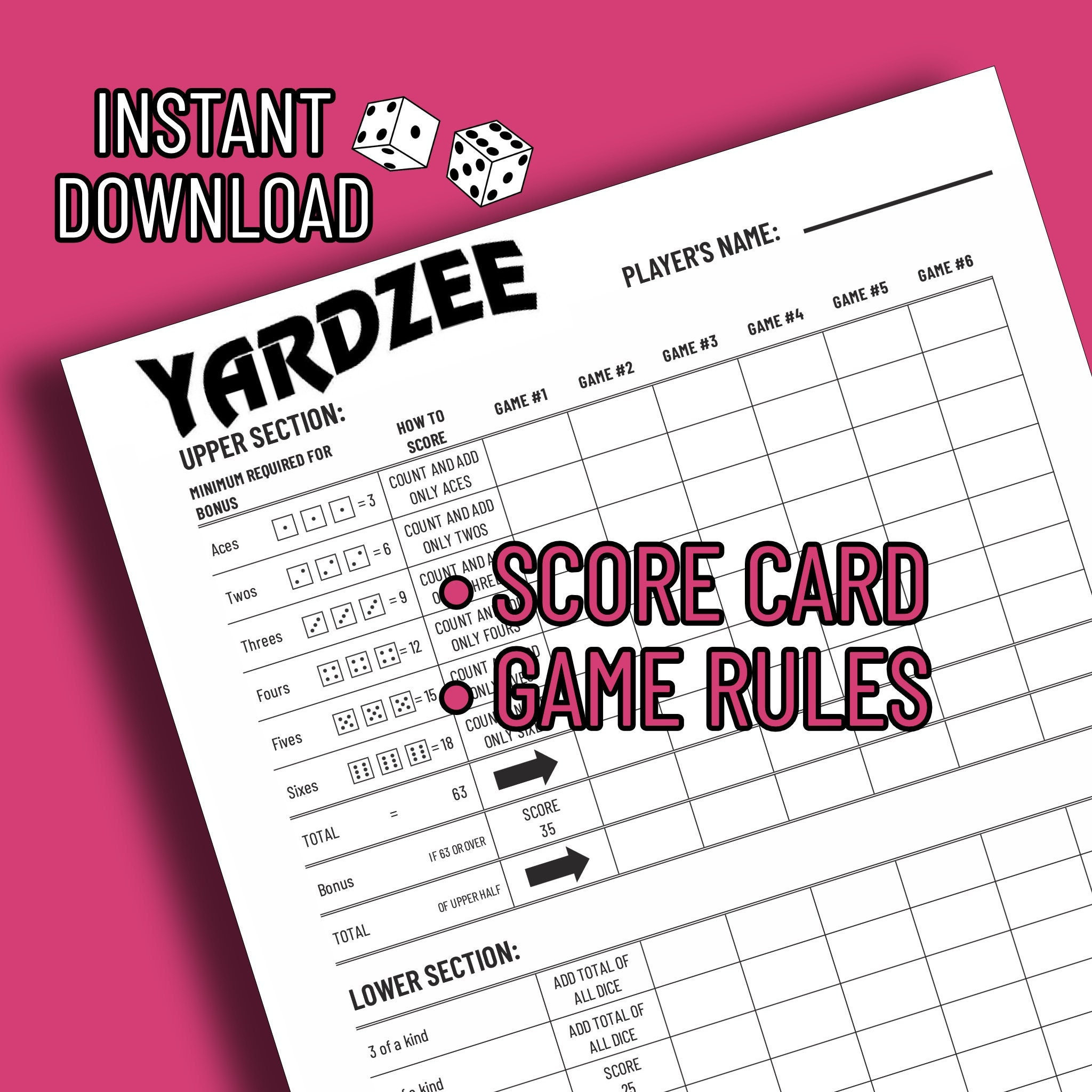 Printable Yardzee/ Yahtzee Score Card &amp;amp; Instructions Digital File pertaining to Yardzee Rules Printable Free