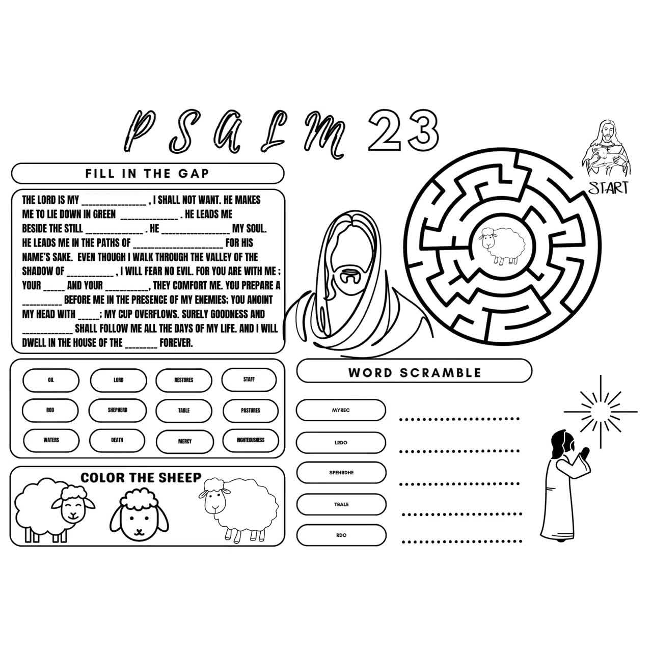 Psalm 23 Activity Sheet,Bible Story Activity Placemat,Bible Coloring Page Learning Sheet, Bible Verse Sunday School Activity,Prayer Activity pertaining to Printable Psalm 23 Activity Sheets