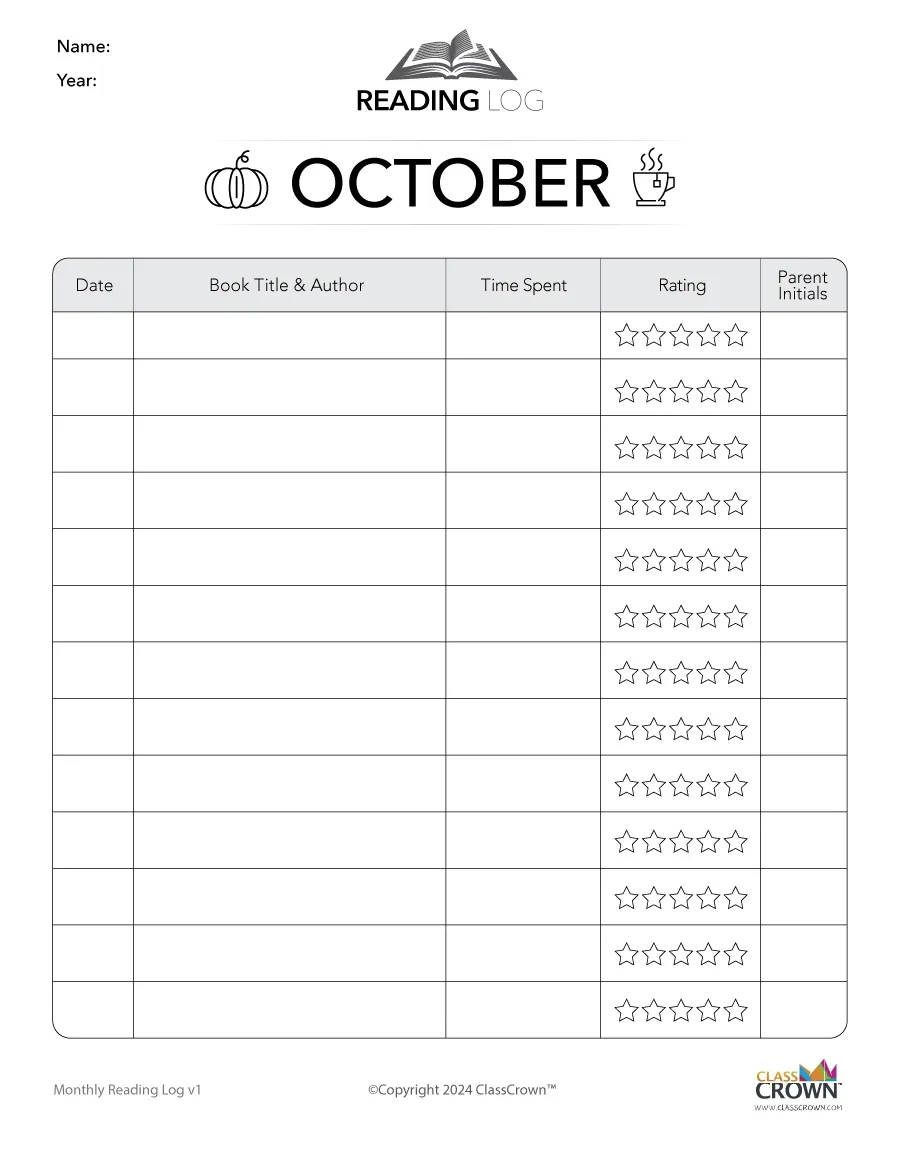 Reading Log: October - Free Reading Charts | Classcrown within October Reading Log Free Printable