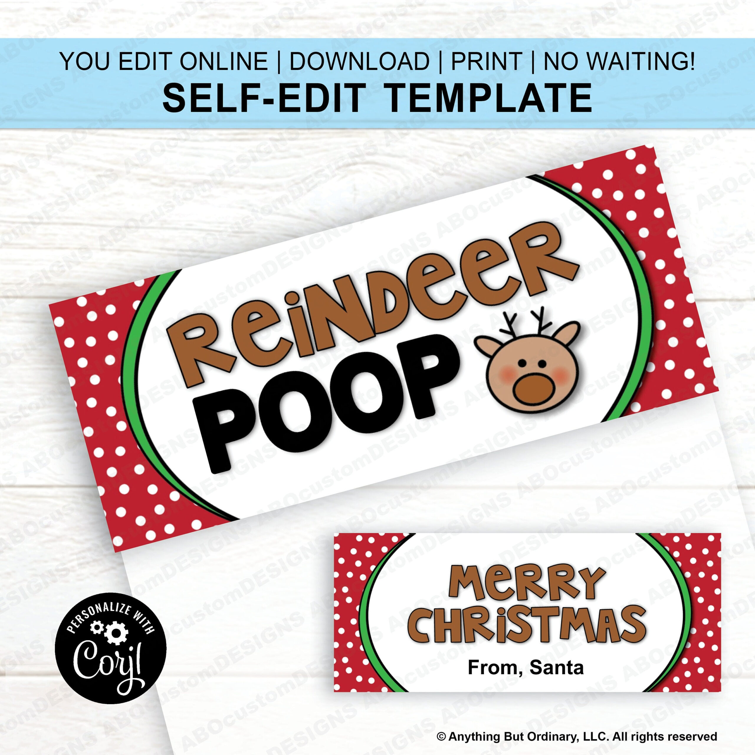 Reindeer Poop Bag Toppers | Funny Editable Christmas Treat Bag with Reindeer Poop Labels Free Printables