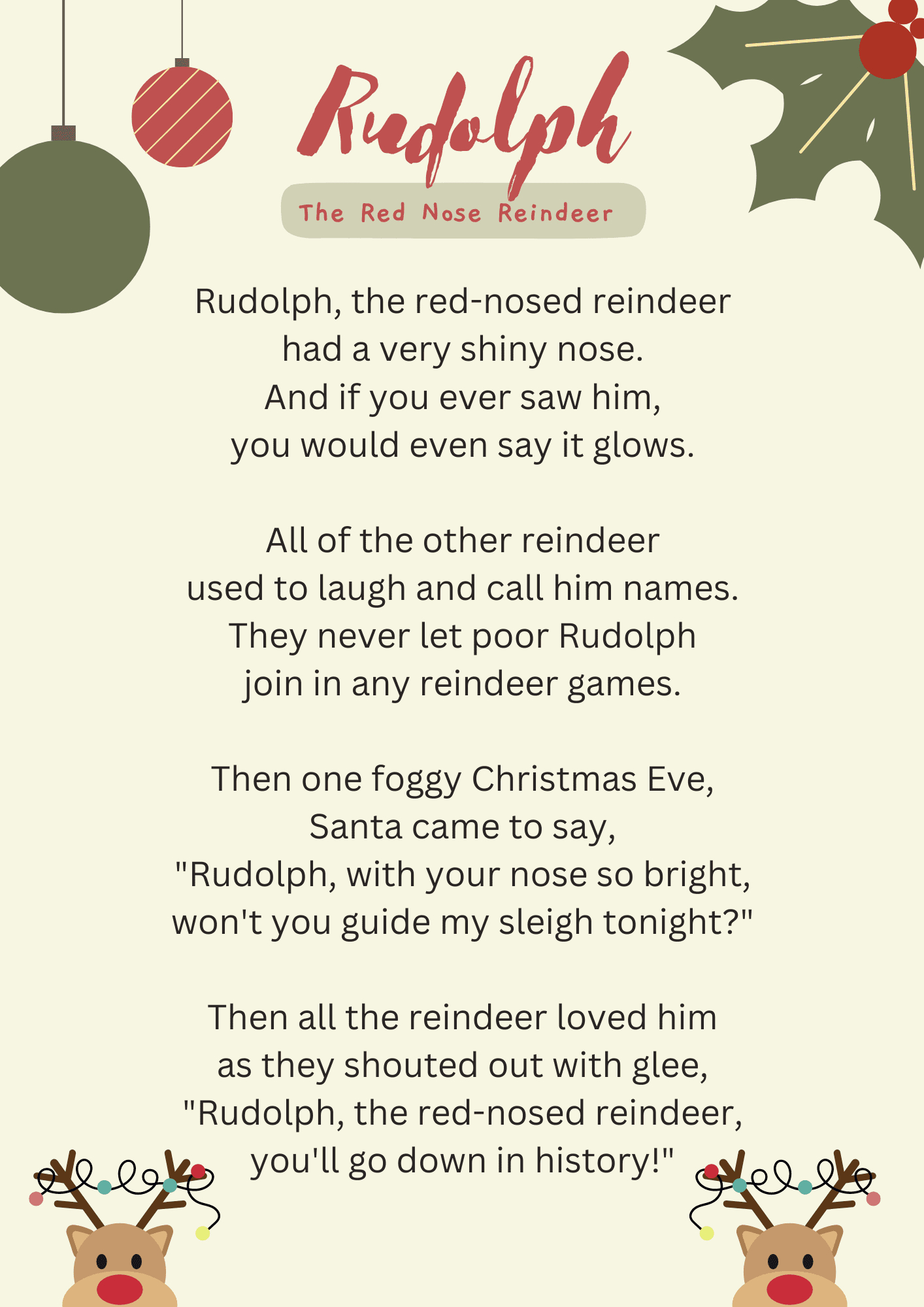 Reindeer Song Lyrics within Rudolph The Red Nosed Reindeer Lyrics Printable