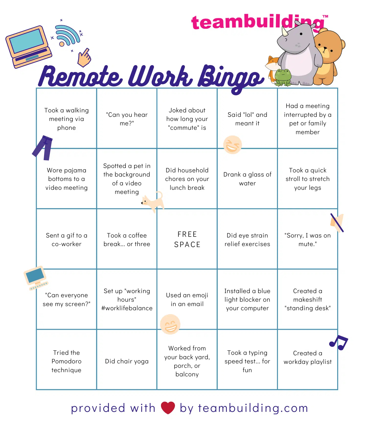 Remote Work Bingo: Free Template + Rules | Teambuilding in Team Building Bingo Card Generator
